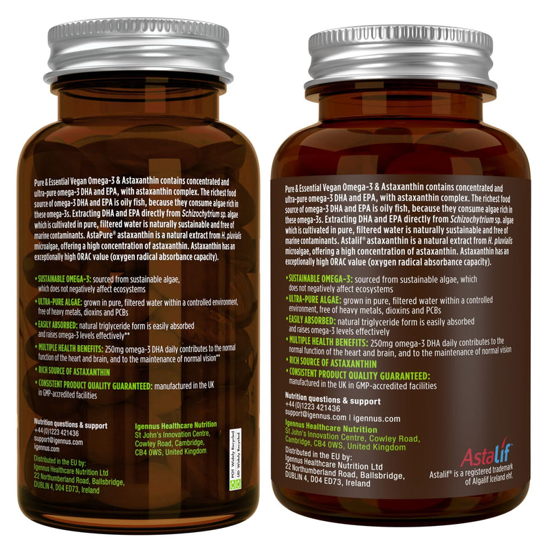 Igennus Vegan Omega 3 Algae Oil, EPA DHA 600mg, 180 Softgels | IAOS-certified triglyceride-form algae oil with 400mg DHA, 200mg EPA and astaxanthin; 90 servings Unflavored 180 Count (Pack of 1)