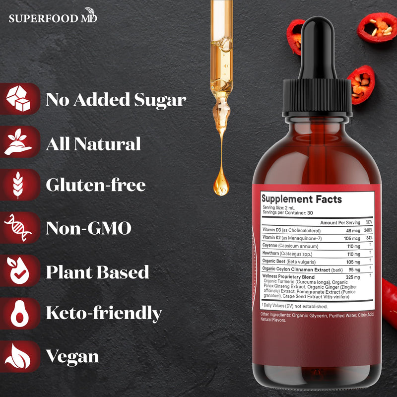 Cayenne Pepper Supplement Liquid Drops + Hawthorn Berry, Vitamin D3 K2 Beet Root Powder, Ceylon Cinnamon, Turmeric Curcumin, Organic Panax Ginseng - 2 OZ 2 Fl Oz (Pack of 1)