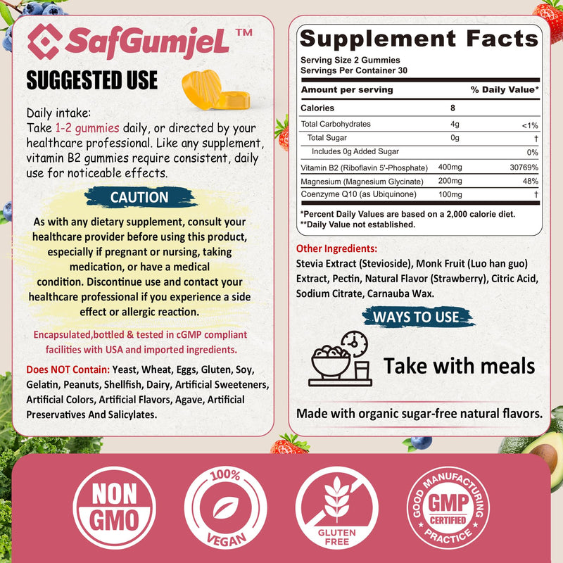 Vitamin B2 Gummies | Riboflavin 400mg with Magnesium & CoQ10 - 120 Cts | Sugar Free B2 Vitamin for Adults and Kids VIT B Supplement | Non GMO, Vegan, Strawberry Flavor 60 Count (Pack of 2)