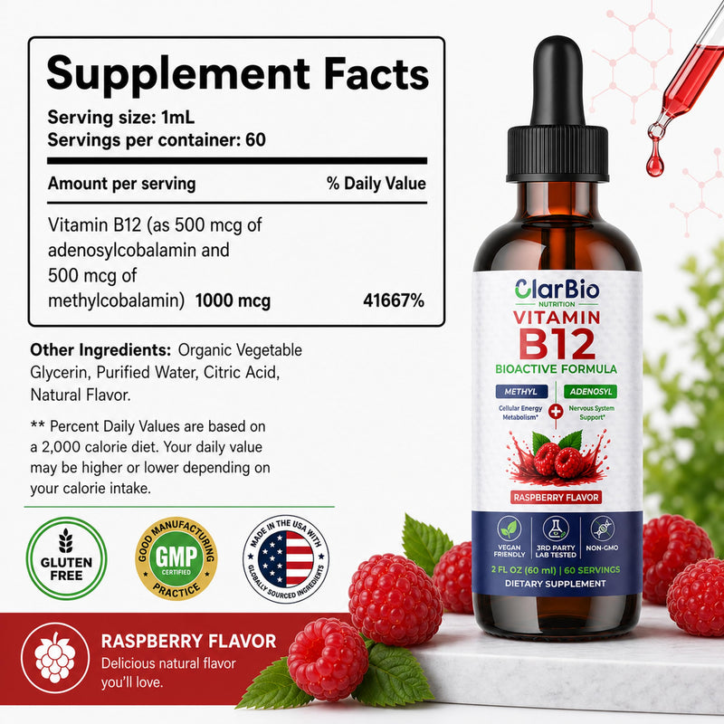 Vitamin B12 1000 mcg Sublingual Liquid Drops | Methylcobalamin & Adenosylcobalamin | B12 Complex | Vegan Liquid B12 Supplement