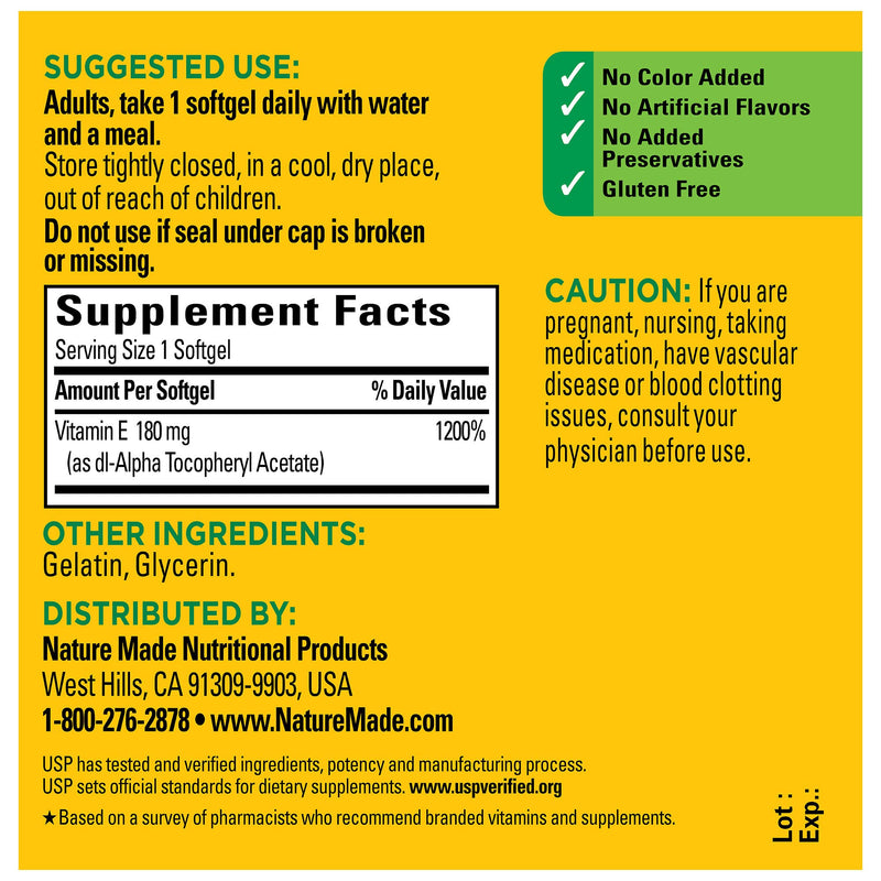 Nature Made Vitamin E 180 mg (400 IU) dl-Alpha, Dietary Supplement for Antioxidant Support, 100 Softgels, 100 Day Supply 100 Count (Pack of 1) - BeesActive Australia