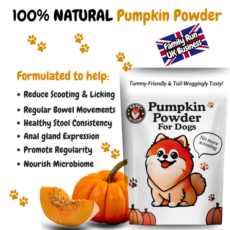 Bark & Bloom Pumpkin Powder for Dogs - Natural Fibre, Prebiotic Supplement & Gut Health Treat. Alternative to Puree, Canned Pumpkin for dogs, Ideal Natural Dog Treat and food topper stool firm