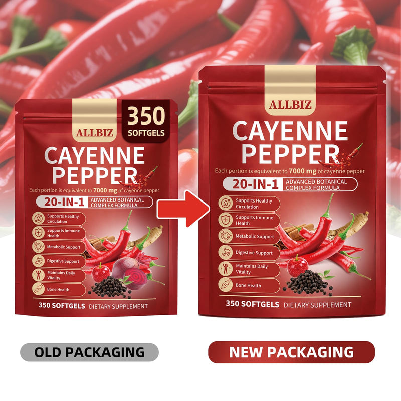 20-in-1 Organic Cayenne Pepper Capsules Supplement 7000mg | 350 Softgels | with Organic Vitamins D3 K2 E, Curcumin, Berberine, Probiotics & Omega-3 | Supports Circulation,Digestive & Bone Health