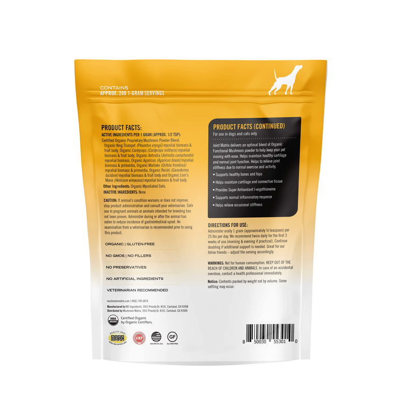 Om Mushroom Matrix Pet Joint & Hip Function, USA Grown Human-Grade Organic Mushroom Powder Pet Supplement, Promotes Resilient Bones & Joints for Dogs & Cats, 200 Grams, 7.1 oz - PawsPlanet Australia