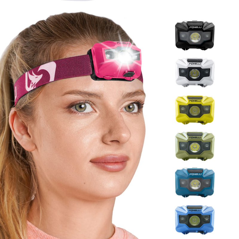 Foxelli Rechargeable LED Headlamp Bundle of 2 - Forest & Pink: Ultralight Waterproof Head Lamp with Red Light for Running, Camping, Hiking & Outdoor - BeesActive Australia