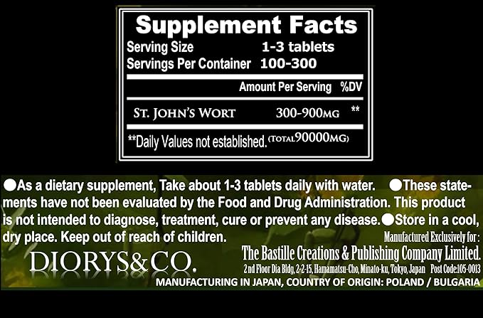 St. John's Wort Supplement 1 bag 90000mg 1 tablet 300mg x 300 tablets Approximately 100 days to 300 days supply Japanese name: St. John's Wort Supplement 300mg x 300 tablets Native to Europe Happy Herb Supplement - BeesActive Australia