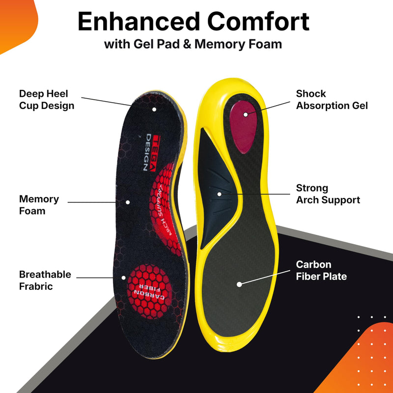 Carbon Fiber Insole with Arch Support – Plantar Fasciitis, Flat Feet, Heel Pain, Overpronation Relief, Running & Sports - Memory Foam & Breathable Fabric - Deep Heel Cup - All Day Comfort and Support Women 12.5-13.5 | Men 11-12 - BeesActive Australia