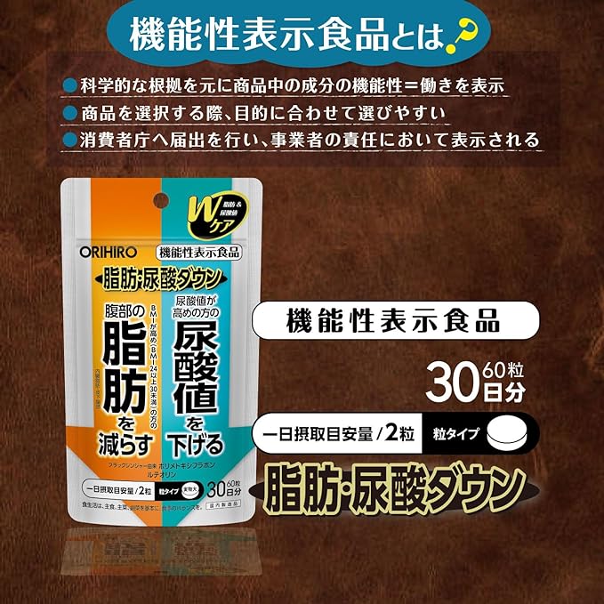 Orihiro Fat/Uric Acid Down 60 tablets 30 days Black ginger-derived polymethoxyflavone luteolin - BeesActive Australia