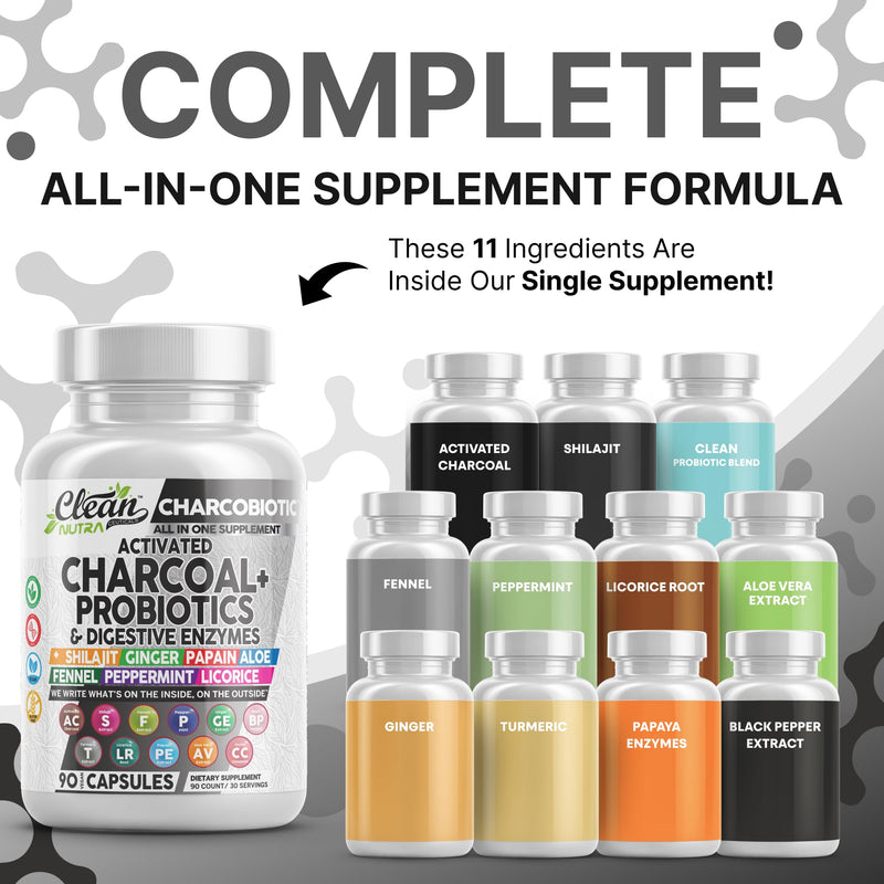 Clean Nutra Activated Charcoal Pills + Shilajit Probiotic Digestive Enzymes for Digestive Health Capsules with Peppermint Fennel Licorice Papain Ginger Turmeric Powder | Gut Health (Pack of 2) 60 Count (Pack of 2)