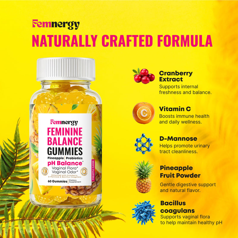 Feminine Balance Probiotic Gummies for Women - Vaginal Health & pH Balance Natural Gummy Supplement with Probiotics Pineapple Cranberry Vitamin C - Women's Healthy Odor & Flora Support - Gluten-Free