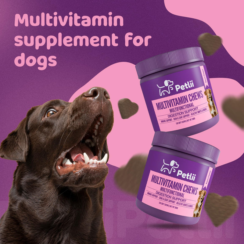 Multivitamin Chews - 120 Bacon Dog Chews | Vitamins, Omegas and Probiotics | Healthy Joints and Gut, Prevent Itching and Improve Vitality