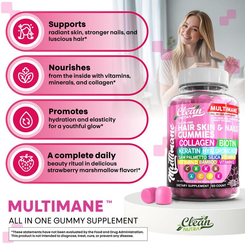 Clean Nutraceuticals Biotin Collagen Keratin Gummies | Hair Skin and Nails Vitamins for Women | Hyaluronic Acid Bamboo Vitamin A C D3 E Folate with Saw Palmetto Silica B3 B12 Vegan Gummy 2