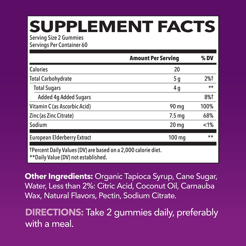 Sambucus Elderberry Gummies with Vitamin C & Zinc, Berry, 60 Servings | Vegan, Non-GMO, Gluten Free Elderberry Gummies, 100mg Extract Per Serving for Immune Support and Wellness Defense, 120 Count 120 Count (Pack of 1)