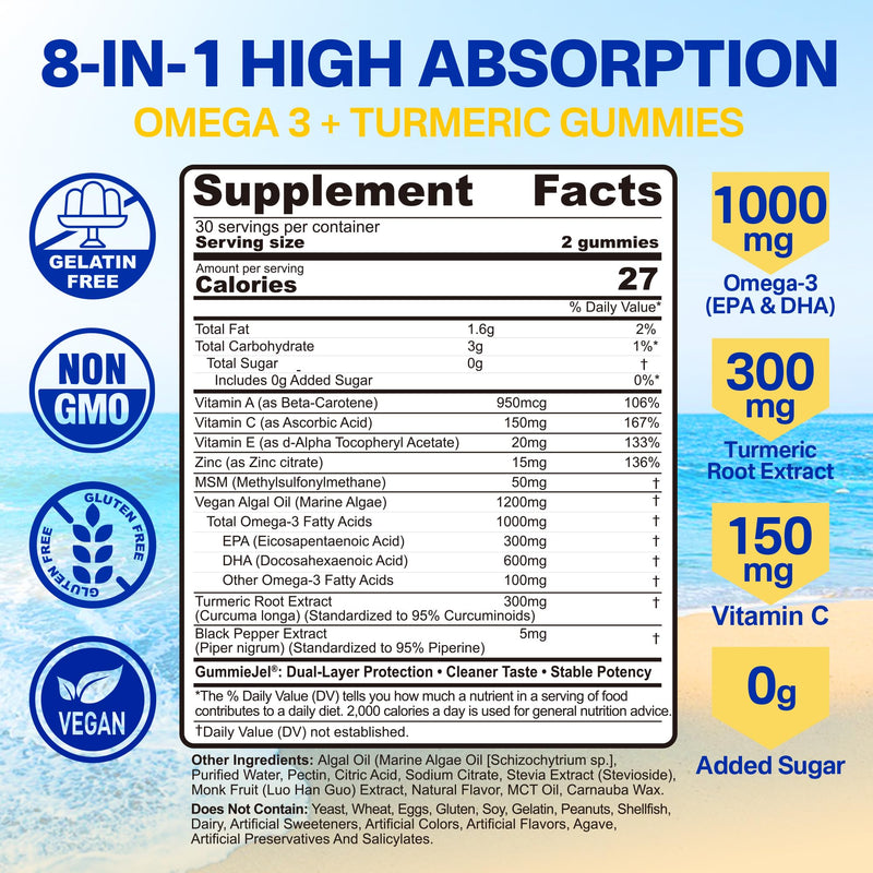 Omega-3 Gummies 1000mg + Turmeric, Fish Oil Alternative No Fish Taste 120Ct | Burpless Algae DHA 600mg + EPA 300mg(3:1), Vegan Sugar Free Omega 3 Fatty Acids for Women Men Adults, Vitamins A C E Zinc MSM 60 Count (Pack of 2)