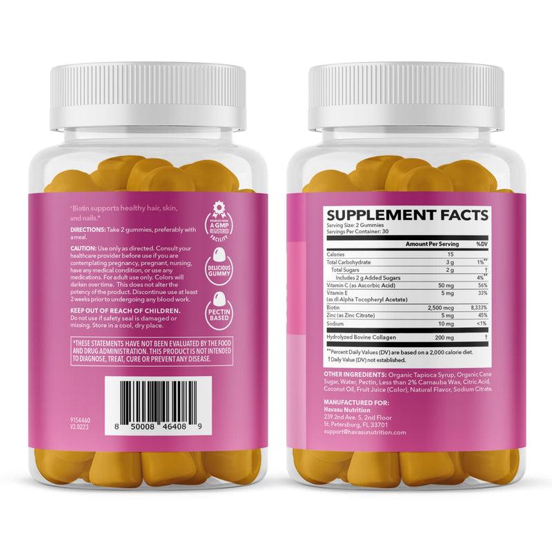 Collagen Gummies With 2500 mcg Biotin, Hair Skin & Nail Support, Lemon | For Women & Men with Biotin, Zinc, Vitamin C & E, Hydrolyzed Collagen, Lemon Flavor, 30 Servings, Hair, Skin & Nail Support 60 Count (Pack of 1)