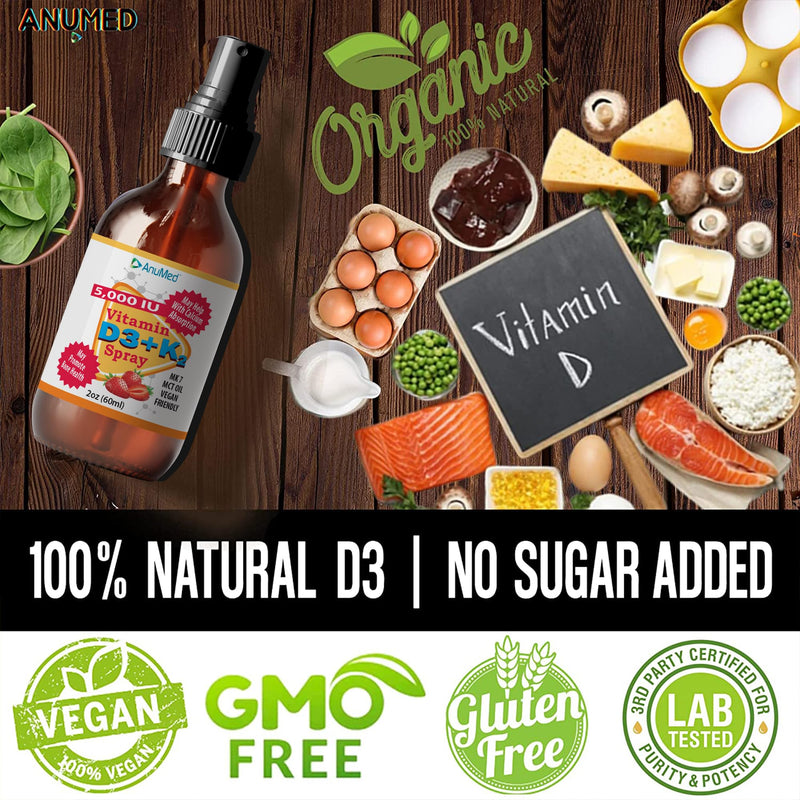 Vitamin D3 K2 5,000 IU Liquid Spray with Organic MCT Oil, Vitamin A (Retinol) 1250mcg, K2 (MK4, MK7) Promotes Heart, Bones, Immune System. 100% Vegan, Non-GMO, No Sugar Added (2oz) (Strawberry) Strawberry