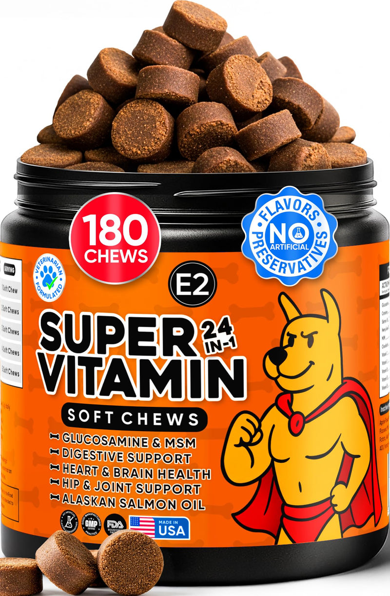 24-in-1 Dog Multivitamin with Glucosamine - Chewable Dog Vitamins and Supplements for Hip & Joints - Ideal for Immune Support and Digestive Health - Best for Senior Dogs and Puppies’ Skin & Heart