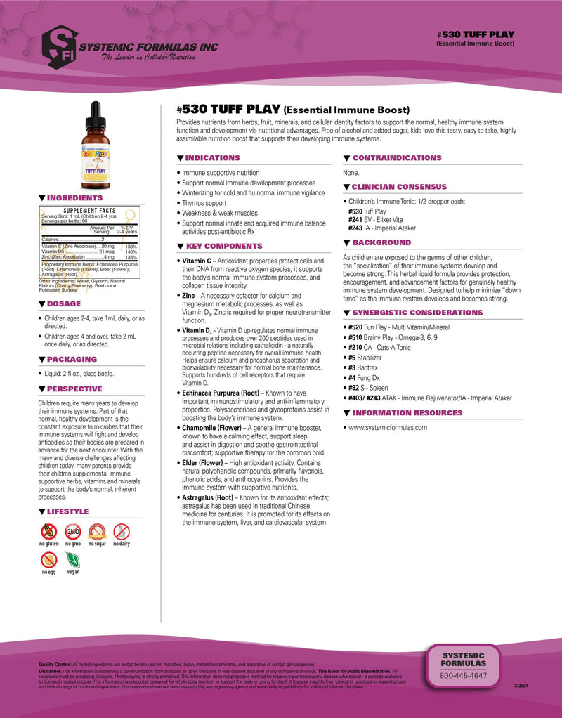 Systemic Formulas Tuff Play Kids Immune Support Supplement, 2 Fl Oz, with Vitamins C, D3 and Zinc #530