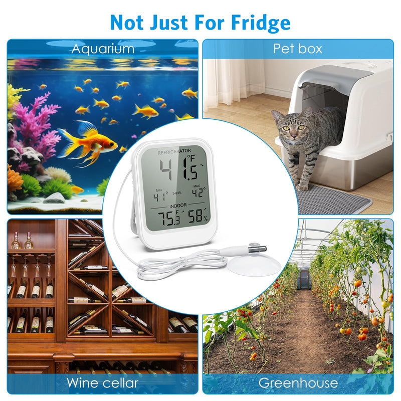 AMIR Digital Fridge Thermometer with Probe, LCD Display, Max/Min Records, Alarm, Digital Thermometer with External Sensor, Magnet, Suction Cup Freezer for Aquarium,Refrigerator,Freeze White - BeesActive Australia
