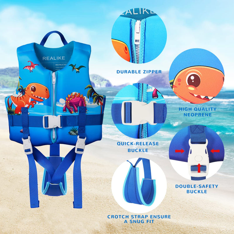 REALIKE Kids Swim Vest Toddler Floaties Adjustable Safety Strap Swimming Aids for Toddlers Children Float Swimsuit, Suitable for Age 2-10 Years/22-88lbs Dinosaur-2 Small(2-4 yrs/22-33 lbs)