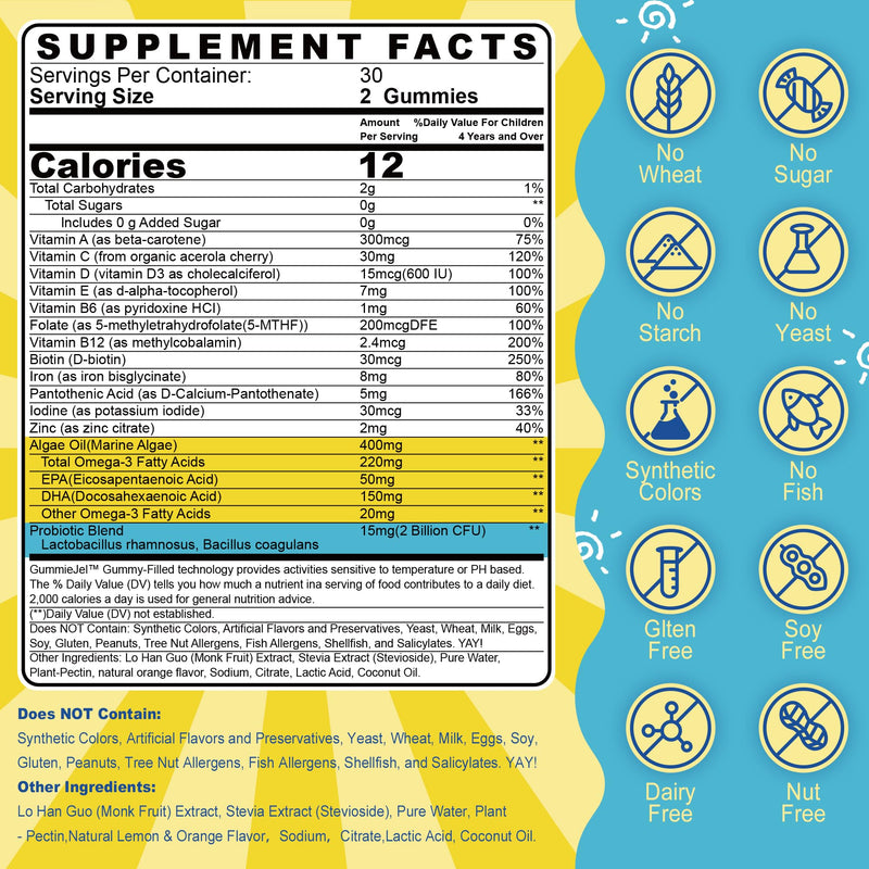 Kids Multivitamin Gummies with Iron, Sugar Free Kids 4+ Methylated Vitamins | Daily Vitamins + Algae Omega 3(DHA & EPA), Probiotics, D3, MethylFolate, B12, B6, Zinc, Biotin, Healthy Growth, Immune, 60 Ct 60 Count (Pack of 1)