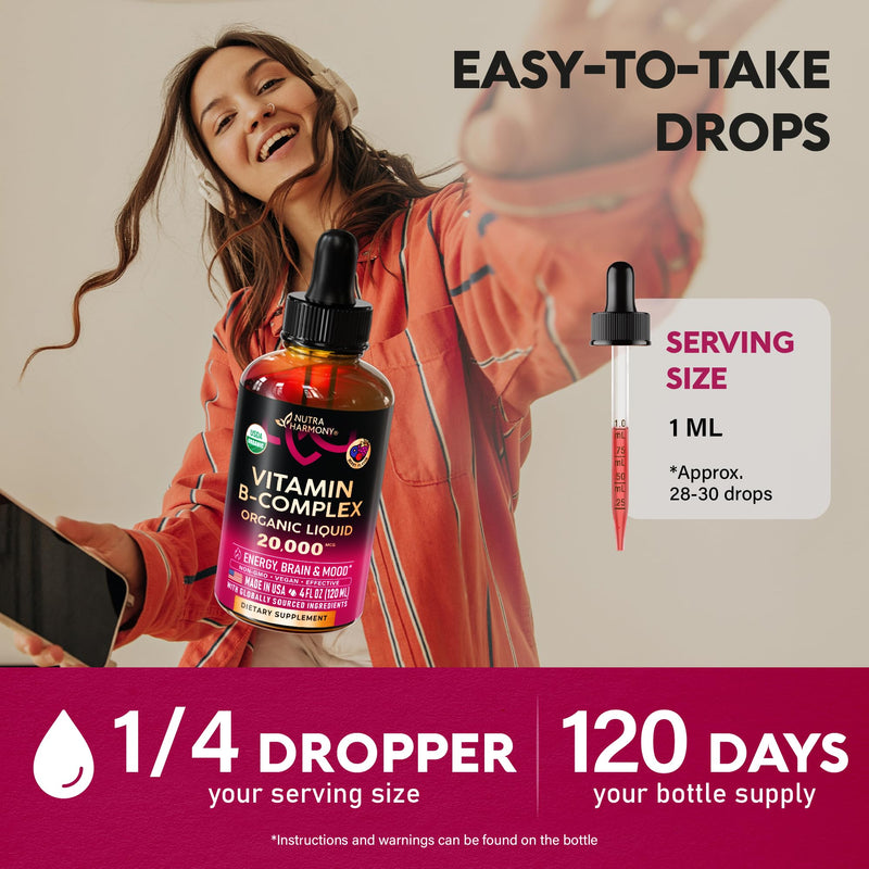 USDA Organic Vitamin B-Complex 20000mcg - B5, B12, B1, B6, B7, B9, B3 - 4Oz | B Complex Liquid Drops - Pantothenic Acid, Methylcobalamin, Thiamine, Pyridoxine, Biotin, Folic, Niacinamide - Berry Flavor B-Complex 4oz