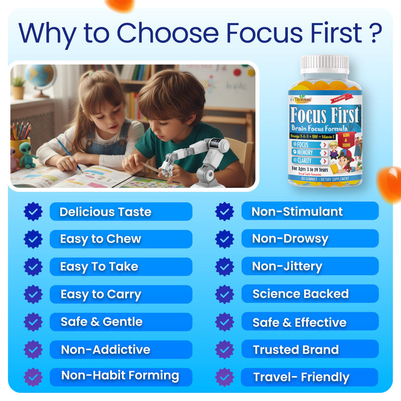 Focus Supplement for Kids & Teens, Focus Gummies for Teens, Omega 3 DHA for Memory, Concentration and Attention, Brain Supplements Children Focus Gummies, 60 Count
