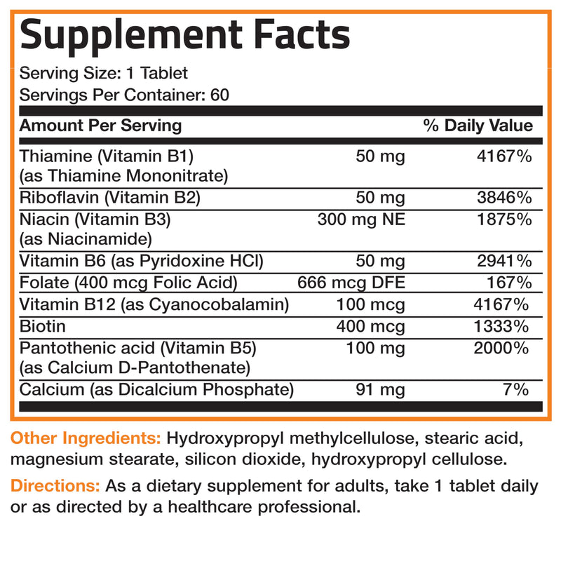 Bronson Super B Vitamin B Complex Sustained Release for Energy, 60 Tablets | B1, B2, B3, B6, Folic Acid, B12, Biotin & Pantothenic Acid, One-Tablet Formula, Non-GMO, Gluten-Free & Soy-Free 60 Count (Pack of 1)