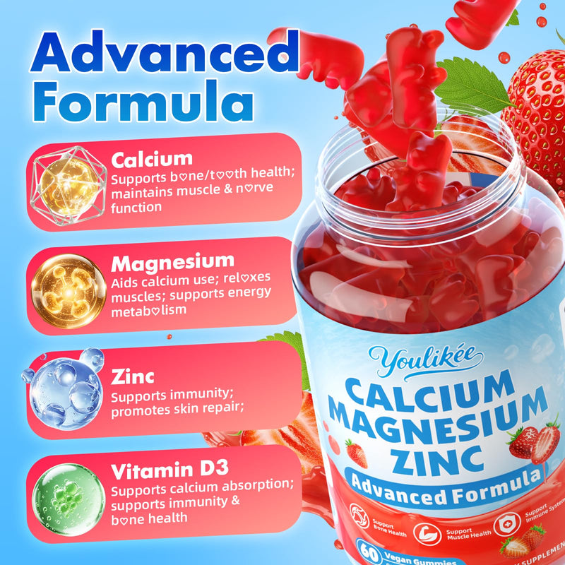 2 Pack Calcium Magnesium Zinc Gummies, Calcium Citrate with Vitamin D3 | High Absorption Calcium Magnesium Supplement for Women & Men, Sugar-Free, Strawberry Flavor, 120 Count 60 Count (Pack of 2)