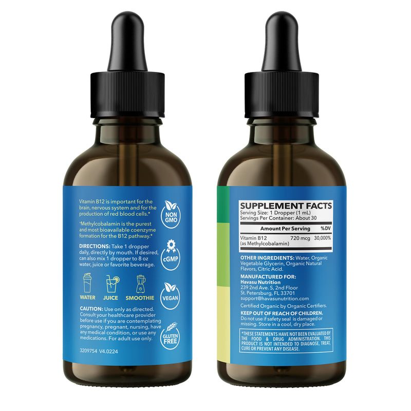 Organic Vitamin B12 Liquid Drops, Strawberry, Enhanced Energy, 1 Fl Oz | USDA Organic Vitamin B12 Liquid Drops, Highly Bioavailable Methylcobalamin for Nervous System Support, 30 Servings, Non-GMO