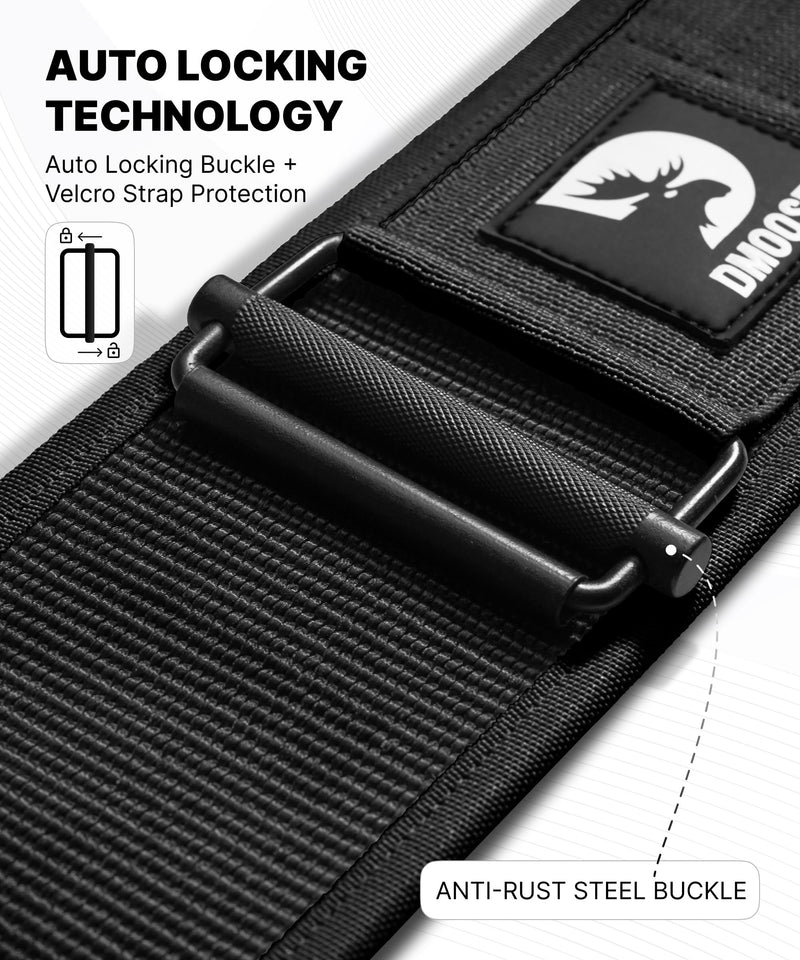 DMoose Weight Lifting Belt - Auto Locking Gym Belt for Olympic Training, WOD, Cross Training for Men and Women - 4" Nylon Workout belt with Adjustable Buckle - Provides Lumbar Support and Stability Large Black