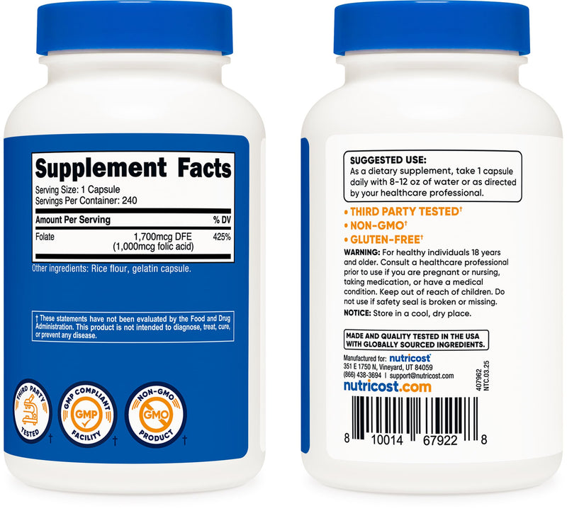 Nutricost Folic Acid (Vitamin B9) 1000 mcg, 240 Capsules (Pack of 2) 240 Count (Pack of 2)