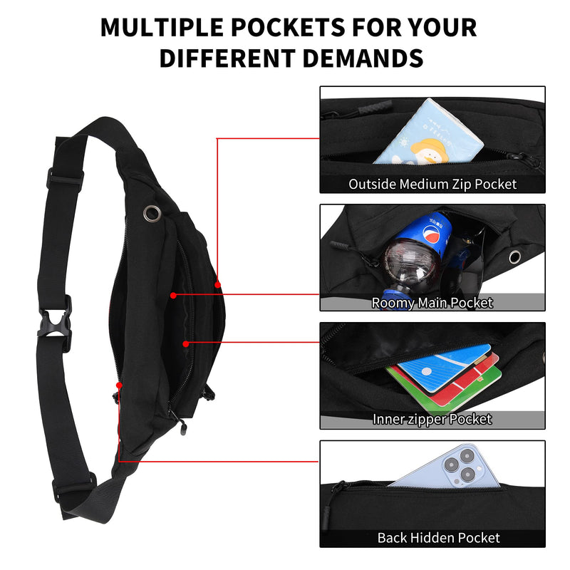 Fanny Pack with 4-Zipper Pockets for Men Women, Crossbody Waist Pack Gifts for Running Hiking Travel Workout Dog Walking Outdoors Sport Hands-Free Wallets Phone Bag Carrying All Phones Black