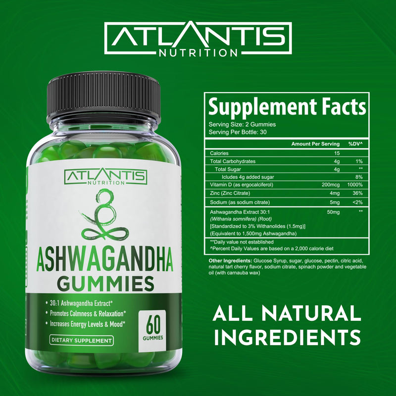 Atlantis Nutrition Ashwagandha Gummies - Ashwagandha Extract 30:1 - Promotes Calmness, Improves Mood, Boosts Energy Levels & Strengthens Immune System - Formulated w/Vitamin D & Zinc - Vegan | 60 Ct