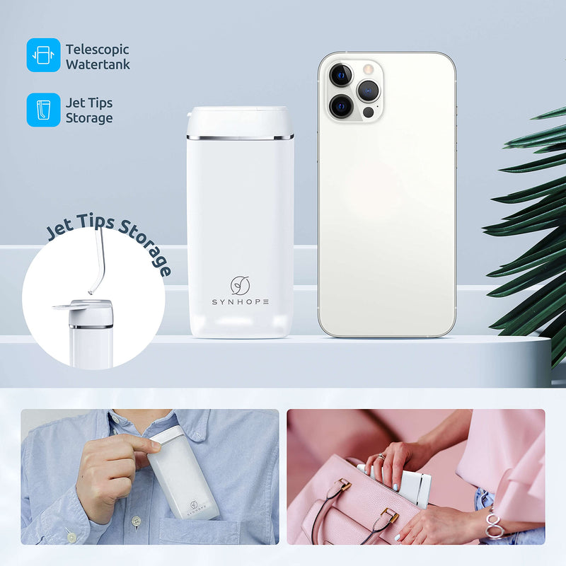 Water Flosser [ Mini Cordless Portable ] Oral Irrigator Water Teeth Cleaner Pick, Telescopic Water Tank, 3 Modes & IPX7 Waterproof, Home & Travel Water Floss for Teeth, Braces Bridges Care (White) White
