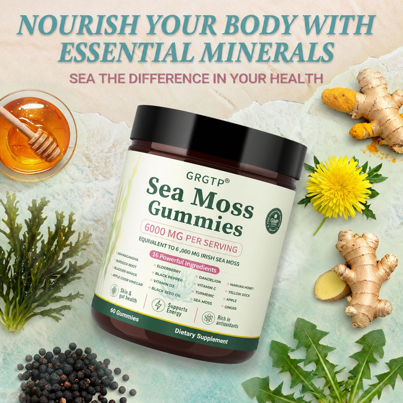 Sea Moss Gummies 16-in-1 - Ashwagandha Black Seed Oil Bladder Wrack Turmeric Vitamin C & D3 with Manuka Burdock Root Dandelion Yellow Dock Natural Detox & Liver Health Immune Support, Energy Boost