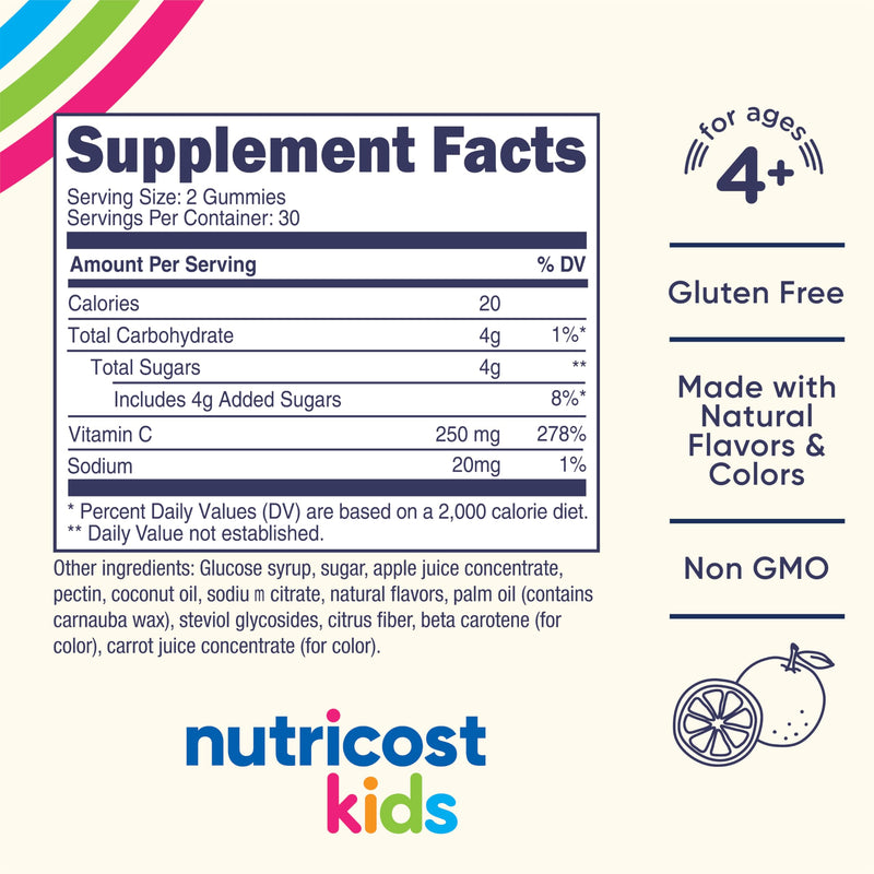 Nutricost Kids Vitamin C Gummies (250mg) 60 Gummies, 30 Servings | Vitamin C for Kids Ages 4+, Natural Flavors, Immune Support Supplement