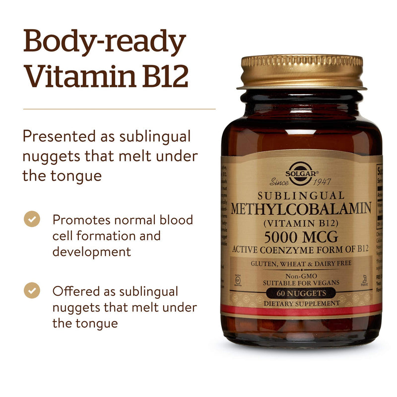 Solgar Methylcobalamin (Vitamin B12) 5000 mcg, 60 Nuggets - Cherry Flavor - Supports Energy Metabolism - Body-Ready, Active Form - Non-GMO, Vegan, Gluten Free - 60 Servings Vitamin Unflavored 60 Count (Pack of 1)