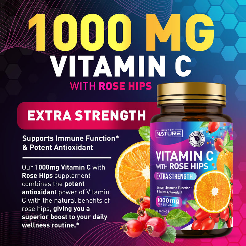 Built by Nature Chewable Vitamin C with Rose HIPS 1000mg 60 Tablets Orange Flavor, Non-GMO, Gluten-Free, Vegan, Immune Support & Antioxidant 60 Count (Pack of 1)