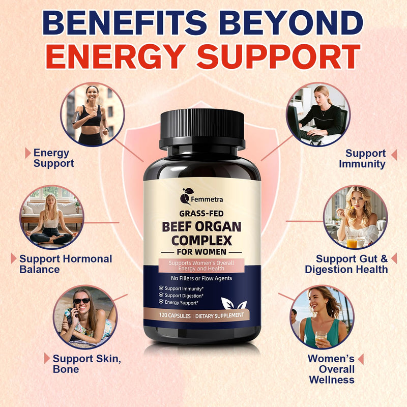 Female-Optimized Beef Organ Complex Superfood Supplement Beef Liver Kidney | Heart, Uterus & 6 More - Grass Fed, Pasture Raised，with Milk Thistle, Balance Hormones, Energy & Women's Wellness 120 Caps