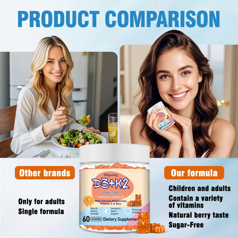 Vitamin D3 K2 Gummies,Vitamin D3 10000 IU with K2 200mcg,VitaminC,Calcium,Magnesium,Zinc,Support for Bones,Joints,Muscles,Nerves,and Immune System (60,Orange,Sugar-Free) Orange