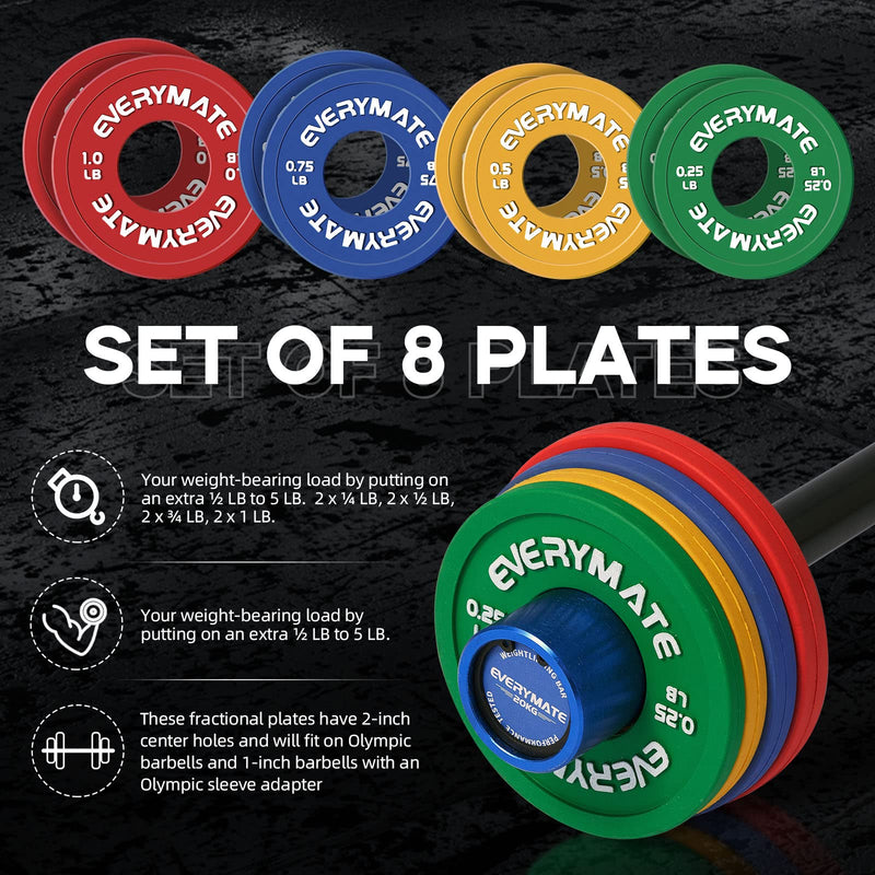 EVERYMATE Rubber Fractional Weight Plates Set of 8 Micro Weight Plate Pair of 0.25LB 0.5LB 0.75LB 1 LB for Olympic Barbells for Strength Training Micro Plates Weight Plate Fractional Plates Set of 8