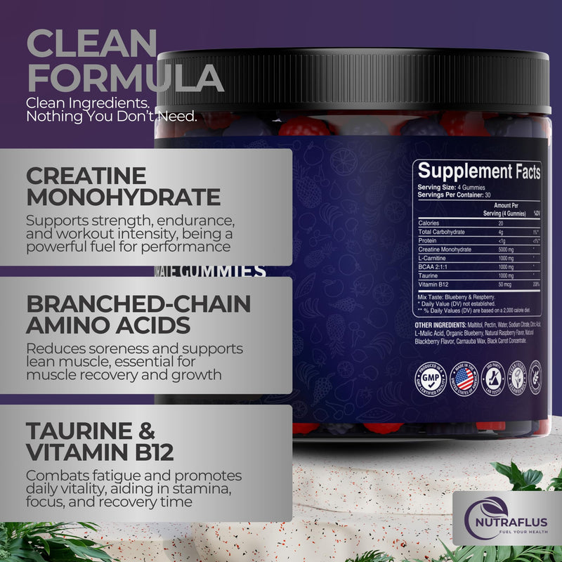 Creatine Monohydrate Gummies 8000mg, Vegan, Berry Flavor, 120 Count | Creatine Monohydrate Gummies for Men & Women, Creatine Gummies with BCAA, Taurine, L-Carnitine & Vitamin B12 – Made in USA
