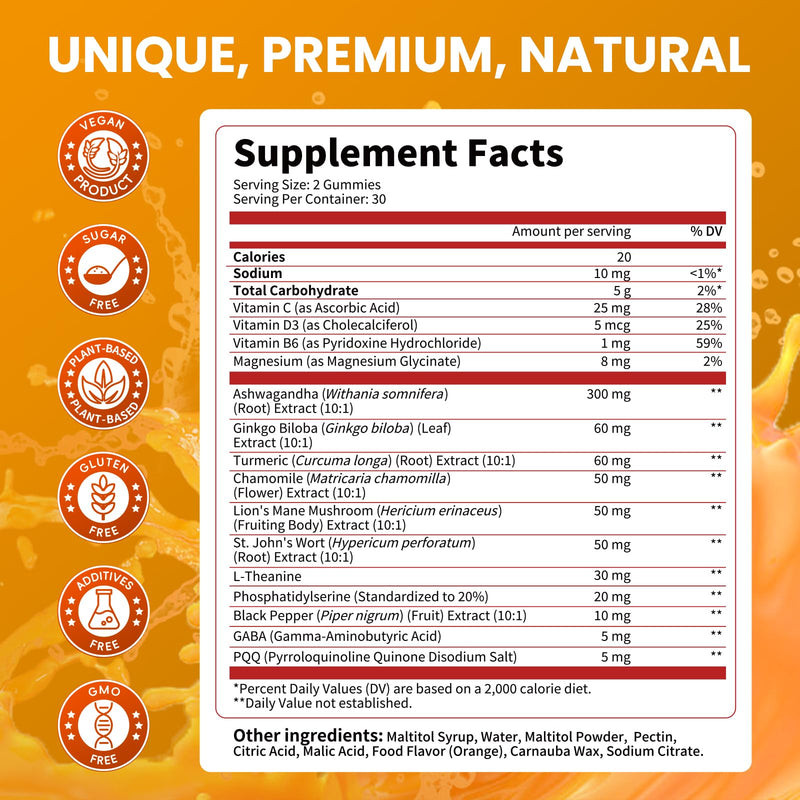 Lukaree Cortisol Supplements for Women & Men, 15 in 1 Cortisol Reducer Manager, Cortisol Calm Gummies with Ashwagandha, Magnesium, L-theanine, GABA - for Mood, Focus, Sleep - Vegan Sugar Free, 60 Ct. Orange 60 Count (Pack of 1)