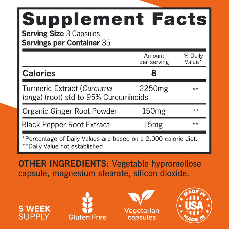 Qunol Turmeric Curcumin with Black Pepper & Ginger, 2400mg Turmeric Extract with 95% Curcuminoids, Extra Strength Supplement, Enhanced Absorption, Joint Support Supplement, 105 Count 105 Count (Pack of 1) - BeesActive Australia
