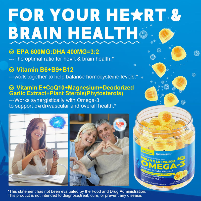 Omega-3 Gummies + CoQ10+ Magnesium- EPA 600mg & DHA 400mg, Fish Oil Omega 3 Supplements Alternative for Women Men Adults - from Vegan Algae Oil- Liposomal Form - with Plant Sterols, Garlic, Sugar Free 60 Count (Pack of 1)