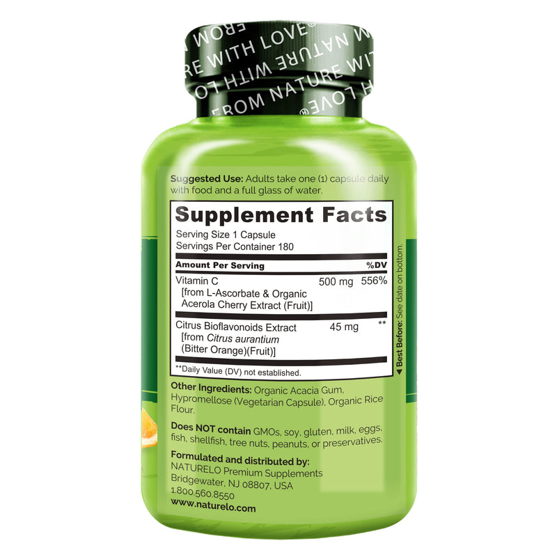 NATURELO Vitamin C 500 mg, Immune Support, Vegan, 180 Capsules | Organic acerola cherry extract, citrus bioflavonoids, Non-GMO, 500 mg VIT C per Cap 180 Count (Pack of 1)