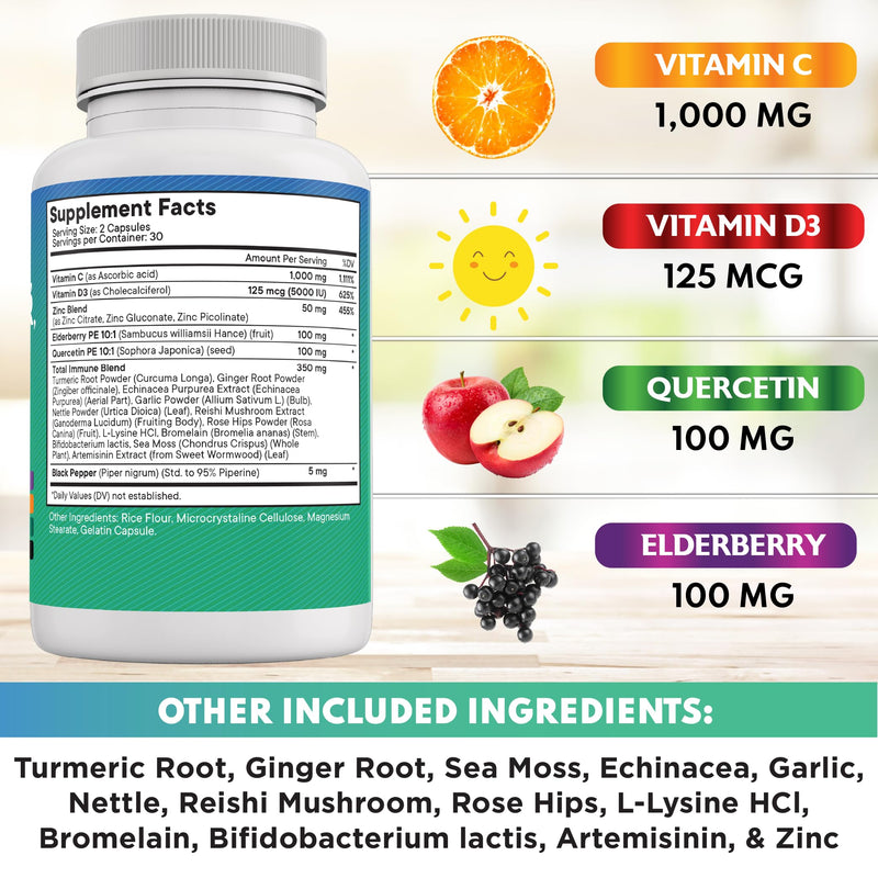 Quercetin Zinc Vitamin C Vitamin D Bromelain Elderberry - Nettle Supplement with Artemisinin, Sea Moss, Echinacea - 60 Count 60 Count (Pack of 1)