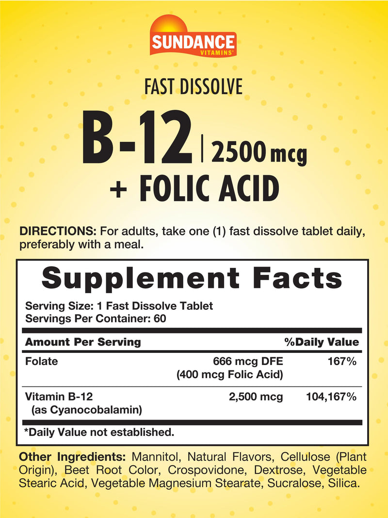 Sundance Fast Dissolve Vitamin B-12 | with Folic Acid | 2500mcg | 60 Count | Natural Berry Flavor | Vegetarian, Non-GMO, and Gluten Free Supplement