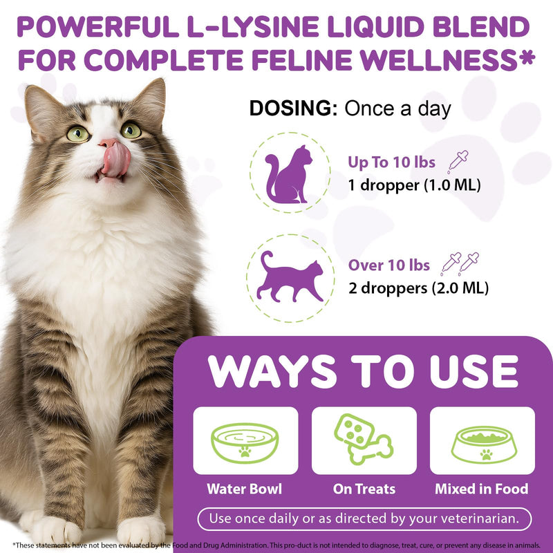 L-Lysine Drops for Cats 60ml - Cat Herbal Supplement for Immune Support, Respiratory & Eye Health - Daily Liquid Support for Cats with Natural Ingredients, Chicken Flavour - 2 fl.oz 2 fl oz
